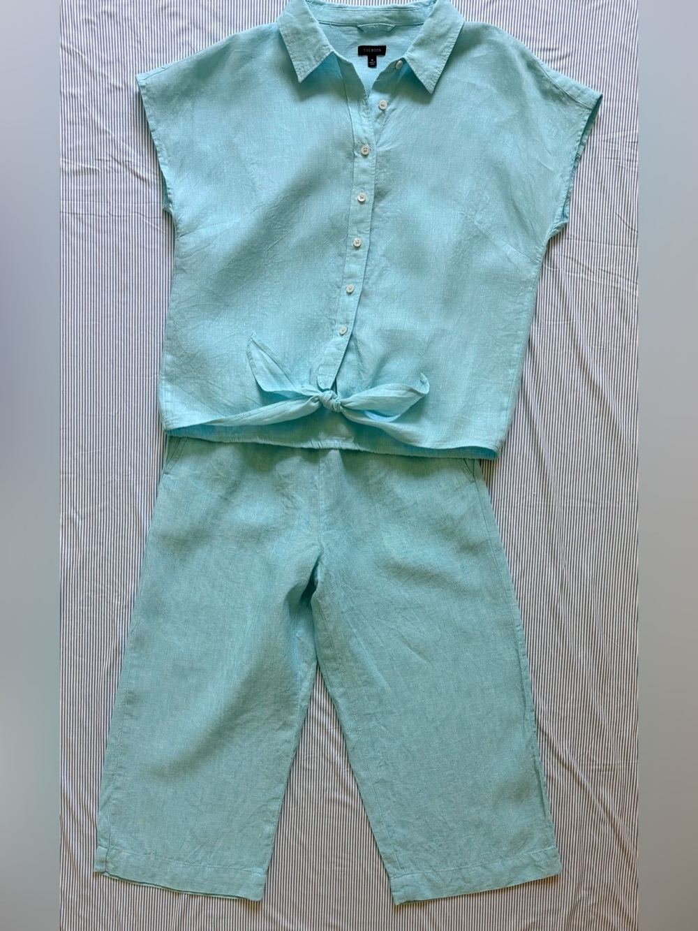 Talbots Light Aqua Linen Two-Piece Tie-Front Top & Wide-Leg Pants